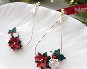 Handmade Poinsettia Polymer Clay Earrings, Christmas Floral Earrings, Christmas Earrings.