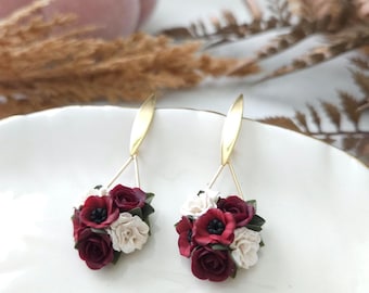 Red Dangle Earrings, Floral Polymer Clay Jewelry, Roses jewelry, Red bouquet Earrings, Poppy earrings.