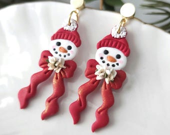Snowmen Polymer Clay Earrings, Christmas Floral Earrings, Christmas Earrings, Red Christmas, Snowmen earrings.