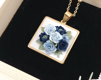 Blue floral Necklace, navy blue necklace, gifts for her, polymer clay floral necklace.