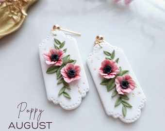 Birth Month Flower Earrings, August Poppy, Handmade Earrings, Dangle Earrings clay earrings, Statement Earrings, polymer clay earring.