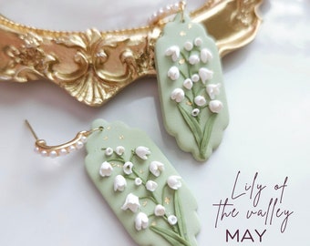 Birth Month Flower Earrings, May lily of the valley, Handmade Earrings, Dangle Earrings clay earrings, Statement Earrings, polymer clay