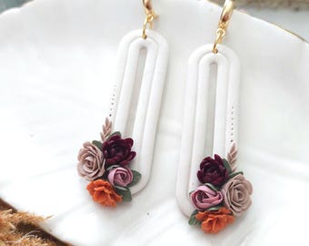 Floral Earrings, Fall Floral Polymer Clay Jewelry, Dahlia jewelry, Peony Earrings, roses polymer clay.
