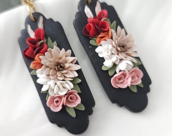 Floral earrings, polymer clay earrings, black earrings, neutral flower Earrings.