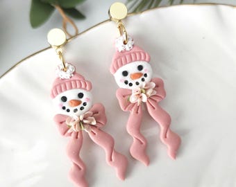 Snowmen Polymer Clay Earrings, Christmas Floral Earrings, Christmas Earrings, pink Christmas, pink Snowmen earrings.