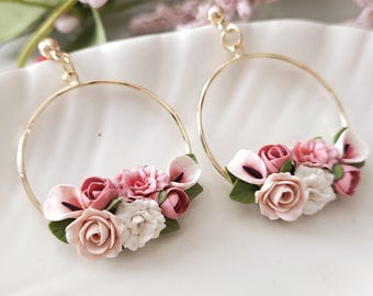 Floral earrings, gifts for her, handmade polymer clay earrings, pink earrings, pink flowers Earrings.