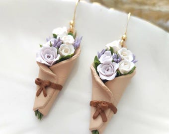 Dangle Earrings, Floral Polymer Clay Jewelry, lavander earrings, roses earrings.