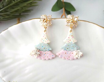 Pink Christmas tree Earrings, Clay tree Earrings, Pink christmas, Christmas earrings, holiday earrings, gifts for women.