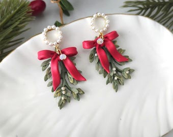 Mistletoe Earrings, Christmas Earrings, red christmas, deer earrings, holiday earrings, gifts for women.