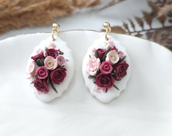 Botanical earrings, handmade polymer clay earrings, red and pink earrings, pink flowers Earrings, roses bouquet Earrings.