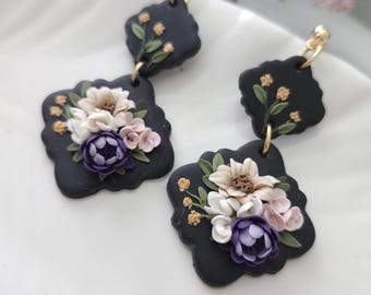 Black bouquet earrings, polymer clay earrings, black earrings, neutral flower Earrings.