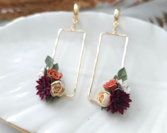 Floral Earrings, Fall Floral Polymer Clay Jewelry, Dahlia jewelry, Peony Earrings.