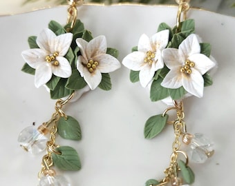 Poinsettia earrings, Handmade Poinsettia Polymer Clay Earrings, Christmas Floral Earrings, winter earrings.