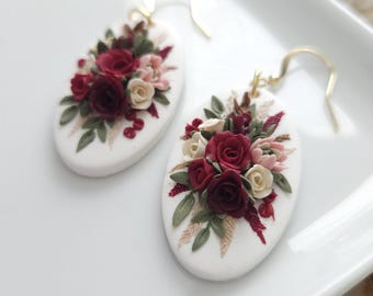 Handmade Polymer Clay Bouquet Earrings, Red Pink Flowers, Lightweight Wear