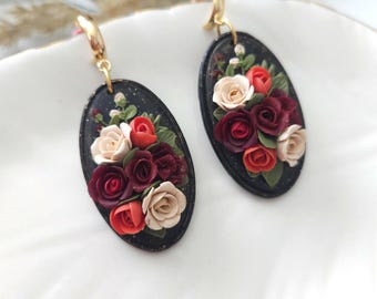 Black polymer clay earrings, Neutral Bouquet, Lightweight Black Dangles, floral earrings, neutral floral bouquet.