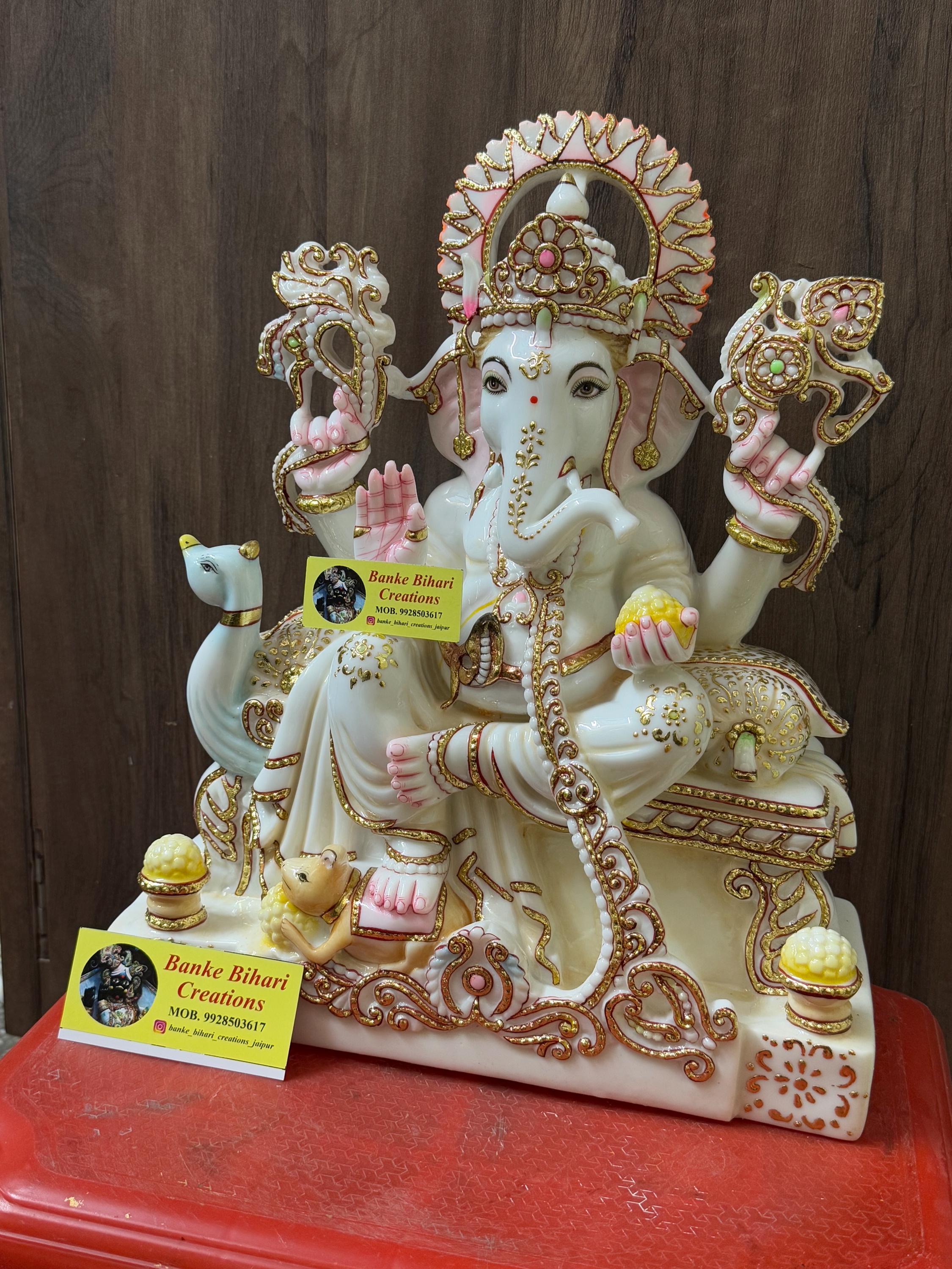 15'' White Cultured Marble Ganesha Statue | Ganpati Bappa Idol