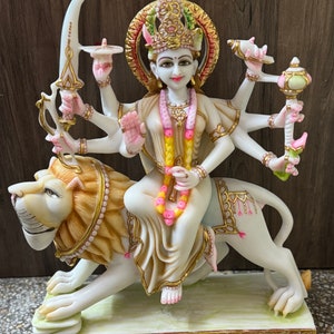 Luxury Durga Statue, Cultured Marble Ambe Mata Idol Jagdamba Mata Murti, Sherawali Maa Goddess Durga Sculpture for Home, Temple & Puja Decor