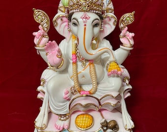 Hand-Painted Ganesha Statue | 15 Inch White Cultured Marble Ganpati Idol