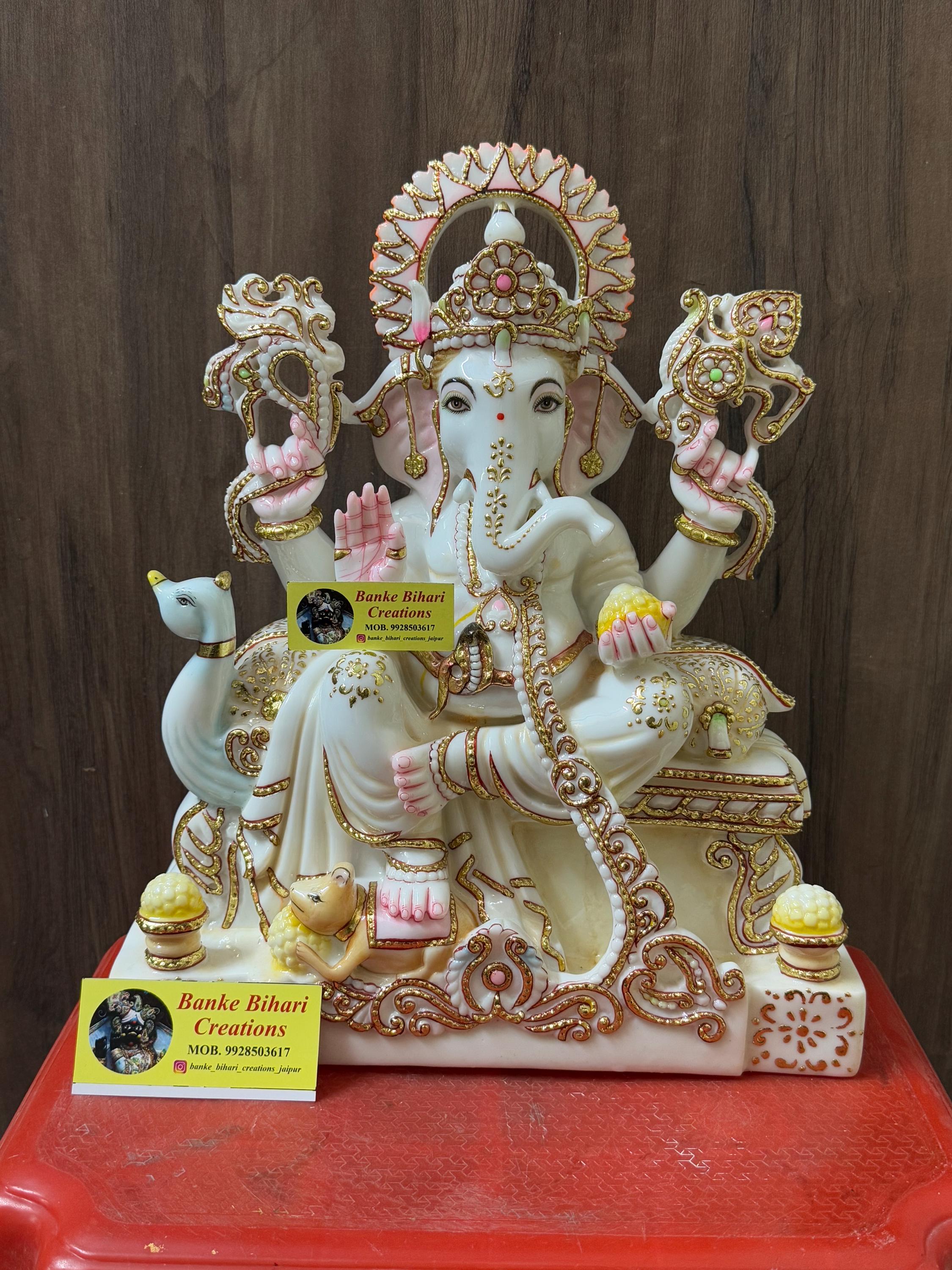 15'' White Cultured Marble Ganesha Statue | Ganpati Bappa Idol