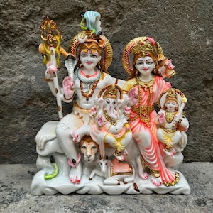 Shiva Parvati Ganesh Kartikeya Statue | 12 Inch Shiv Parivar Idol | Gauri Shankar Murti | Marble Dust Hindu God Idol for Home Temple & Gift