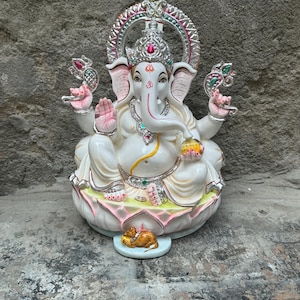 12&#39;&#39; Lord Ganesha Statue for Temple | Hand-Painted Cultured Marble Ganesh Idol | Hindu God Statue | Antique Ganpati Bappa for Home Decor