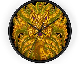 Golden Wolf Tulu Wall Clock Perfect Gift For Horror & Gothic Housewarming Homeware, Grunge Home Decor, Macabre Decor