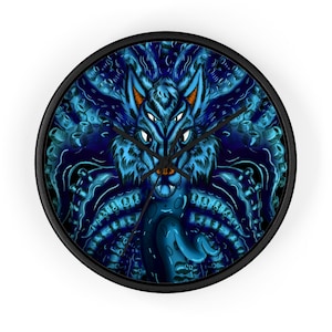Blue Wolf Tulu Wall Clock Perfect Gift For Horror & Gothic Housewarming Homeware, Grunge Home Decor, Macabre Decor