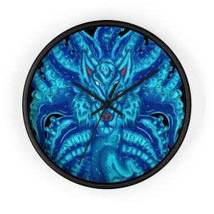 Deep Blue Wolf Tulu Wall clock Perfect Gift For Horror & Gothic Housewarming Homeware, Grunge Home Decor, Macabre Decor