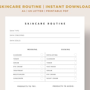 Printable Skincare Tracker | Skincare Routine Printable | Self Care Planner | Morning Routine, Night Routine | Beauty Journal | A4,US Letter