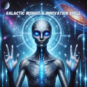May include: A blue humanoid figure with glowing eyes stands with arms raised in a cosmic setting. The figure is surrounded by a circular pattern of stars and planets. The text "GALACTIC INSIGHT & INNOVATION SPELL" appears at the top of the image.