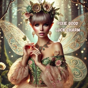 May include: A fairy with iridescent wings and a floral crown, wearing a green and gold dress with a delicate floral pattern. The text "Pixie Good Luck Charm" is written in the image.