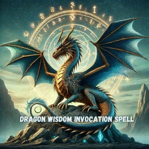 May include: A blue and gold dragon with wings spread wide stands on a rock, surrounded by a glowing circle of runes. The text "Dragon Wisdom Invocation Spell" is below the dragon.