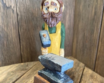 Hand Carved Blacksmith Figurine, Wood Anvil, Painted Decor