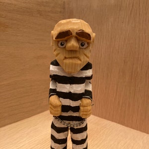 Prisoner wearing black/white prison uniform with hand cuffs, Jail gag gift, Prisoner miniature, Prison break gift, Bachelor Party Gift