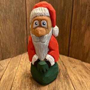 Santa holding green bag, Indoor Christmas decor, Christmas gifts, Hand Carved Santa decor, Wooden Santa Claus,