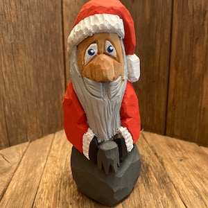 Santa holding gray bag, Indoor Christmas decor, Christmas gifts, Hand Carved Santa decor, Wooden Santa Claus,