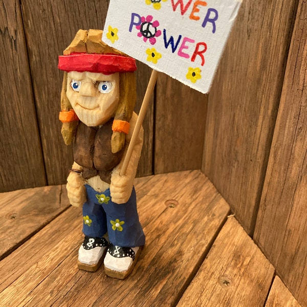 Hippie carrying “FLOWER POWER”  sign, Hippie from the ‘60’s, Flower child, Bohemian decor, Free Spirit, Beatnik art, Yippie, Hipster