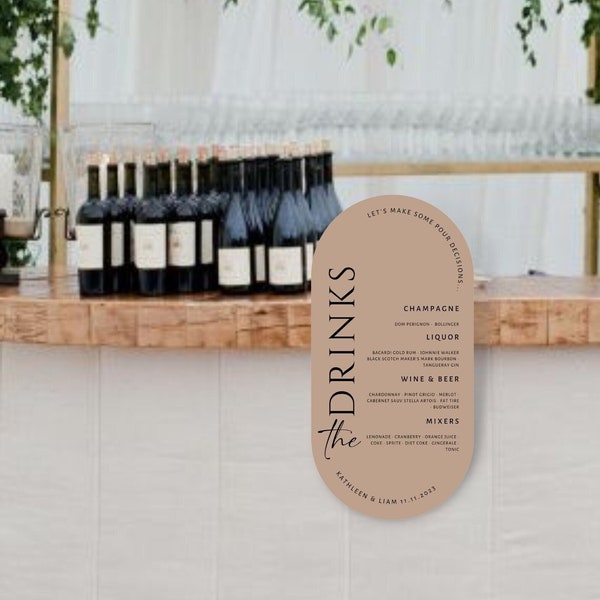 Oval Beige Wedding Bar Sign | Hanging Bar Sign Template | Modern Wedding Bar Menu | Wedding Decor | Wedding Drink Sign | Printable Template