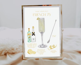 French 75 Bar Sign | Make Your Own Cocktail | French 75 Recipe | Cocktail Bar Sign | Printable Cocktail Recipe Template