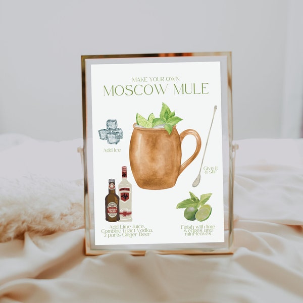 Moscow Mule Bar Sign | Make Your Own Cocktail | Moscow Mule Recipe | Cocktail Bar Sign | Printable Cocktail Recipe Template