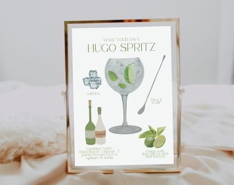 Hugo Spritz Bar Sign | Make Your Own Cocktail | Hugo Spritz Recipe | Cocktail Bar Sign | Modern Printable Cocktail Recipe Template