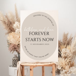 Double Arch Wedding Welcome Sign | Forever Starts Now | Oval Beige Welcome Poster | Modern Neutral Wedding Arch Sign | Canva Template