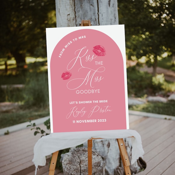 Pink Bridal Shower Sign | Kiss the Miss Goodbye | Printable Bridal Shower Welcome Sign | Welcome Sign Template | Hot Pink Bachelorette Party