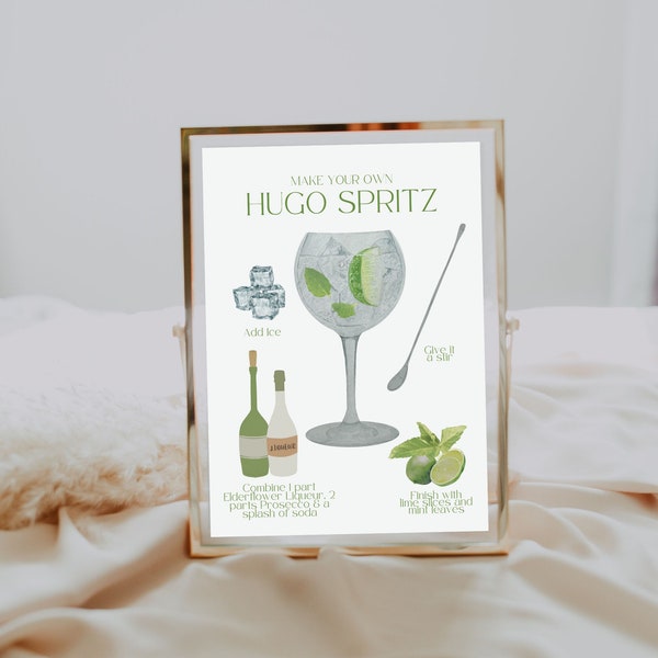 Hugo Spritz Bar Sign | Make Your Own Cocktail | Hugo Spritz Recipe | Cocktail Bar Sign | Modern Printable Cocktail Recipe Template