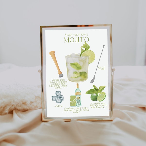 Mojito Bar Sign | Make Your Own Cocktail | Mojito Recipe Sign | Cocktail Bar Sign | Modern Recipe Card | Printable Cocktail Recipe Template