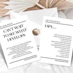 Signe d&#39;appareil photo jetable | Modèle de signe de mariage minimal, 5x7&quot;, 4X6&quot;, 8x10&quot; | Réception de mariage I Spy Game Sign | Modèle de canva imprimable