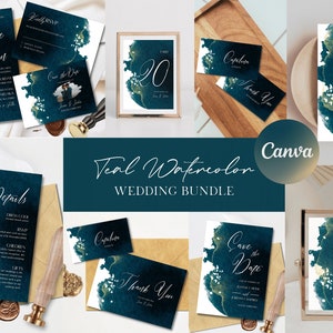 Teal Watercolor Wedding Invitation Bundle Template Set |  Printable Modern Wedding Invitation Suite | Edit with Canva | Instant download