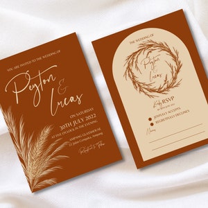 Puede incluir: Una invitaci&oacute;n de boda marr&oacute;n y beige con un dise&ntilde;o floral y el texto "You are invited to the wedding of Peyton & Lucas" y "The wedding of Peyton & Lucas".