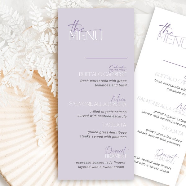 Menükarte Lavendel | Druckbare Moderne Dinner Karte für Hochzeit, Brautpaar, Baby Party | Dusty Purple Menükarten Vorlage