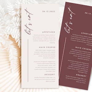 Cartes De Menu Bourgogne | Carte à dîner moderne imprimable pour mariage ou baby shower | de Carte de menu de mariage | Téléchargement instantané
